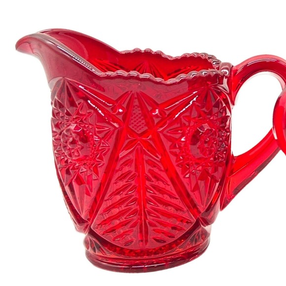 Vintage Red EAPG Glass Creamer and Sugar Bowl with Lid Deep Cut Design estate - Picture 3 of 9